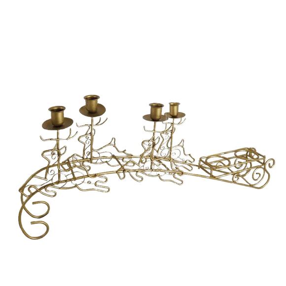 Macy's Other - Vintage Macy's Gold Metal Wire 26"‎ Long Reindeer & Sleigh Mantle Candle Holder